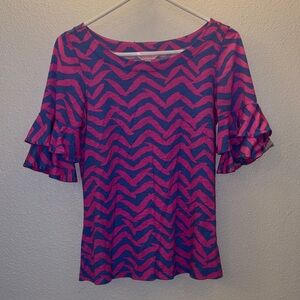 Lilly Pulitzer Lula Ruffle Sleeve Vibrant Pink and Blue Chevron Blouse